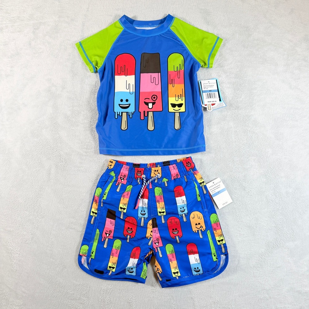 Andy & Evan Toddler Boys Blue Popsicle‎ Swim Set Rash Guard Trunks 4T NWT